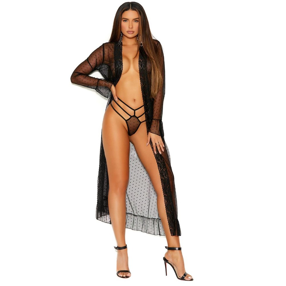 Long Dotted Mesh Robe with G-String Set - Picture 2 of 4